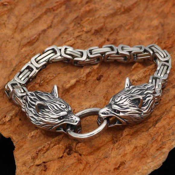 Wolf Head Nordic Viking Other - New! Stainless Steel Nordic Viking Wolf Head Bracelet
